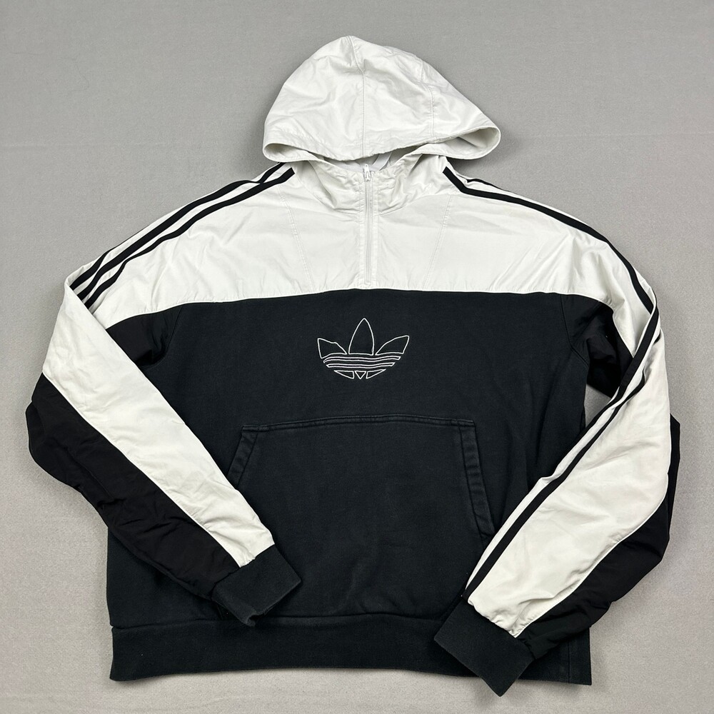 Adidas Jacket Men Large Black White 1/4 Zip Hybrid Pullover Hood Pockets L *